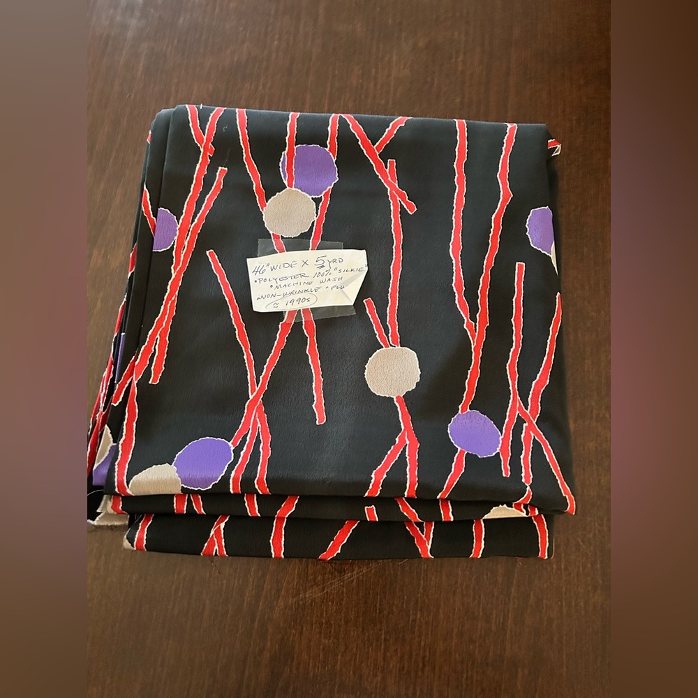 90s Black polyester fabric with Red Branch & Purple Dot Print